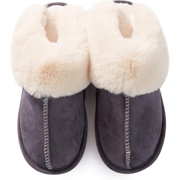 Women's Dark Gray Winter Warm Fluffy Cozy Memory Foam Slip On Slippers Shoes - Picture 5 of 6